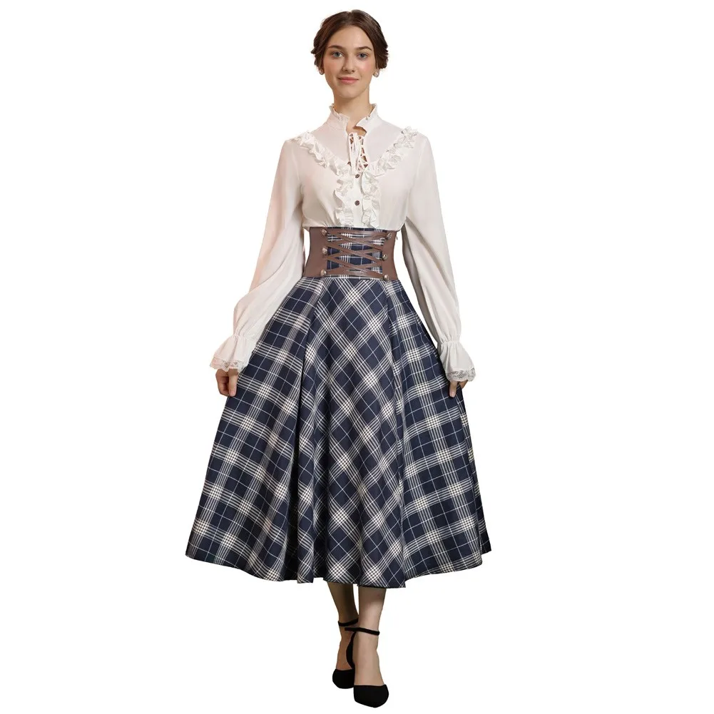 SD Renaissance Plaid Skirt Women High Waist Buttons Decorated A-Line Skirt Fashion Youth Lady Casual Gothic Punk Midi Skirts New