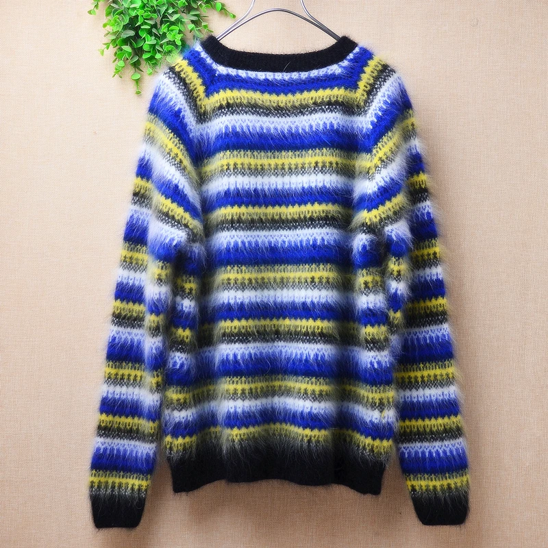 Ladies Women Fashion Blue Striped Hairy Mink Cashmere Knitted Long Sleeves O-Neck Slim Blouse Angora Fur Pullover Jumper Sweater