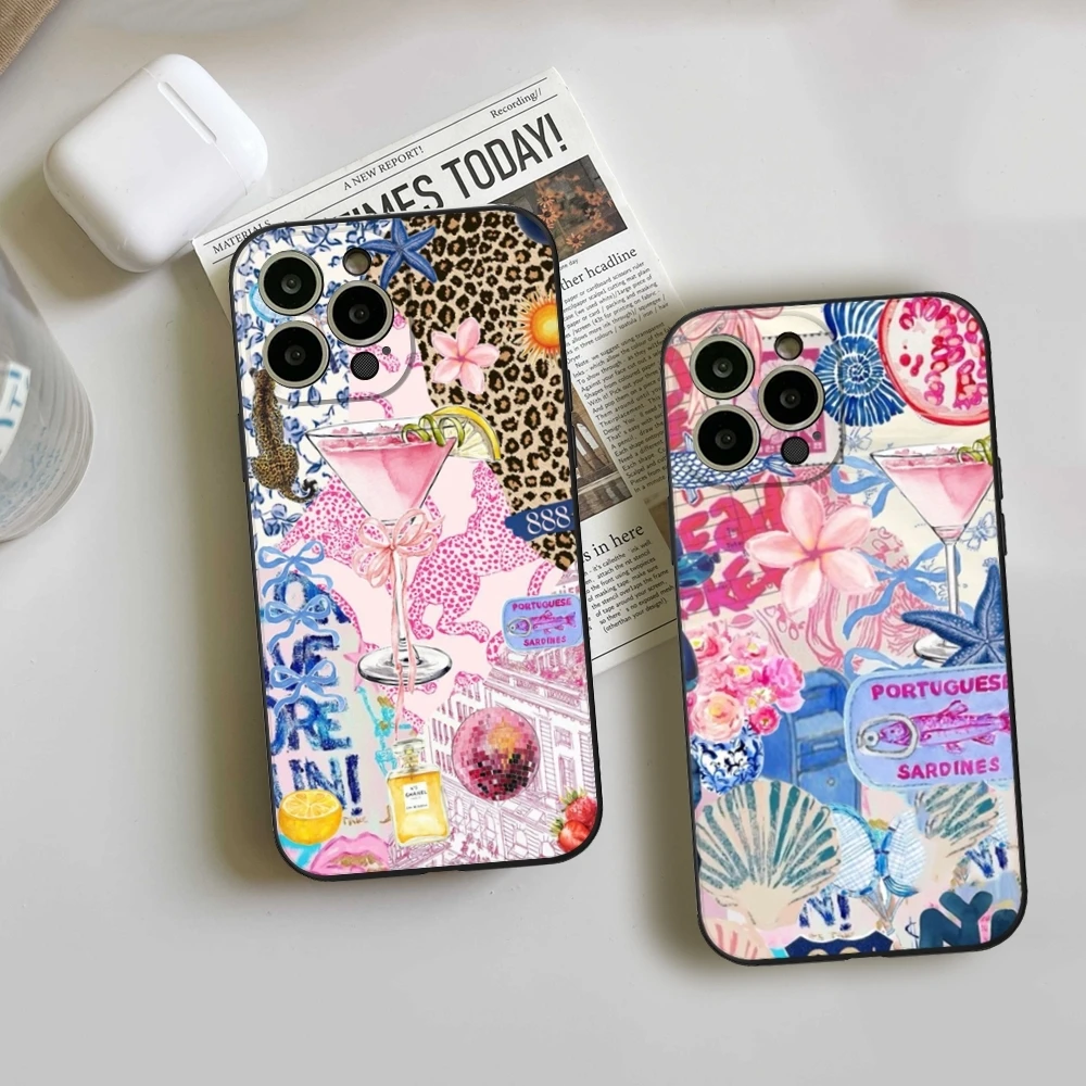 Pink leopard pattern casing Phone Case FOR IPhone 15 14 11 12 Pro 15 16 Plus 13 Pro MAX XR XS Black Soft Covers