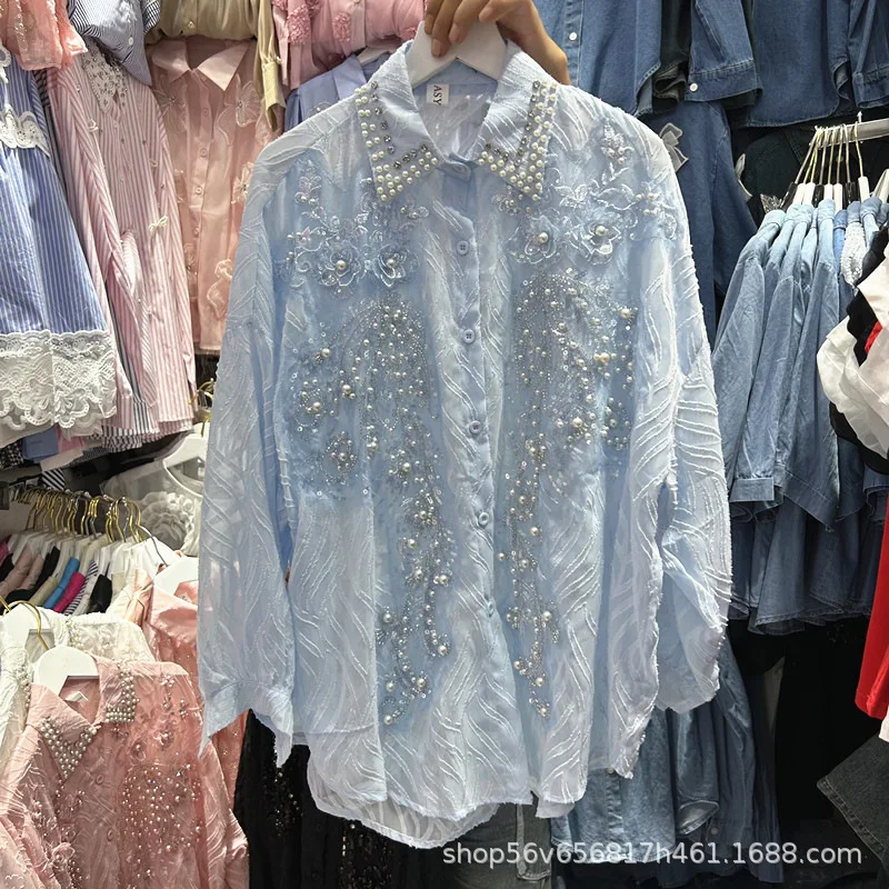 

Nail Bead Sequin Lapel Shirt Loose Long Sleeved Lightweight Shirt Versatile Sun Protection Shirt for Spring and Summer