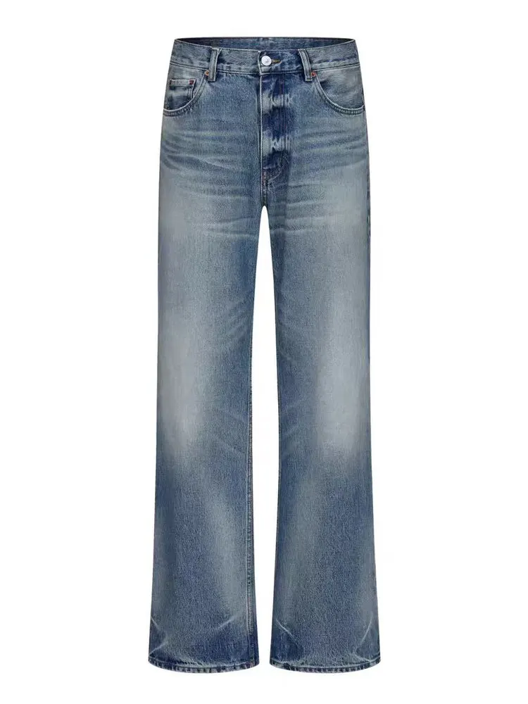 Taichiism High Waist Loose Fit Blue Denim Jeans Wave Pattern Natural  Vintage Style Casual Jeans for Teen Boys