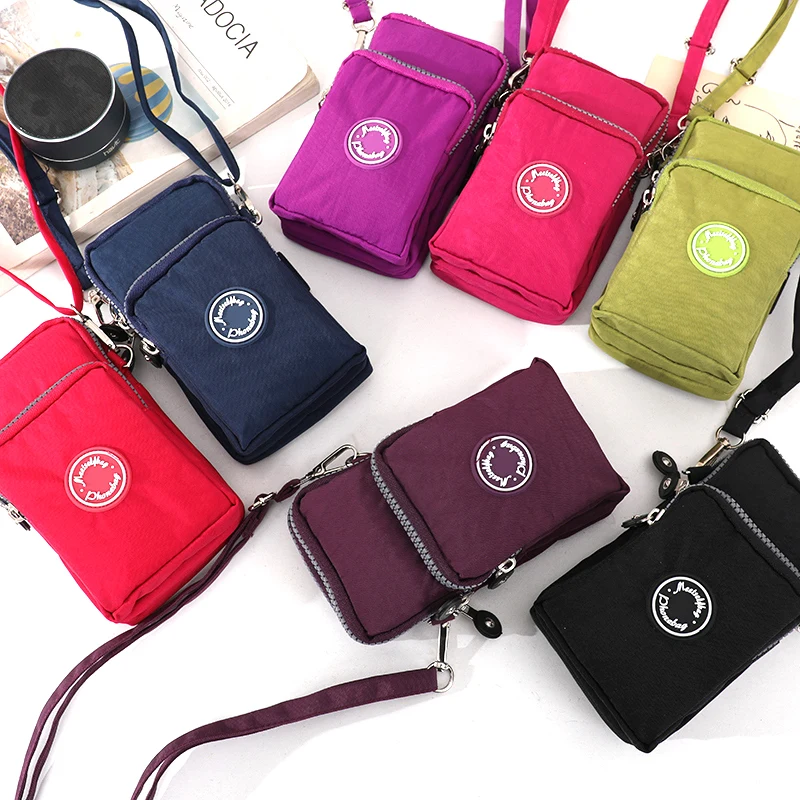 

Fashion Portable Solid Color Daily Running Three Zipper Nylon Women's Crossbody Shoulder Bag Durable High Quality Phone Wallet