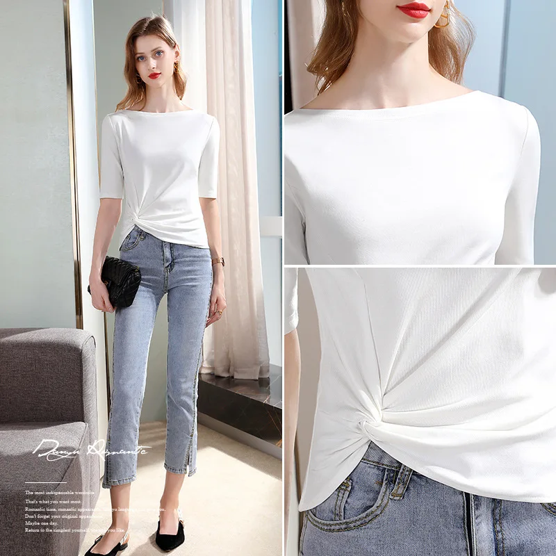 

1872 Summer t-Shirt Women Half Sleeves Slash Neck Cross Folds Solid Color Simple Fashion Elegant Office Lady Top Tees Female New