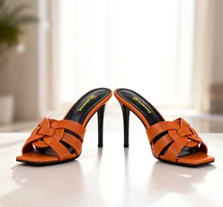 Genuine leather women's slippers Elegant women's high heels Luxury party slippers Open toe fish mouth shoes Summer 35-44