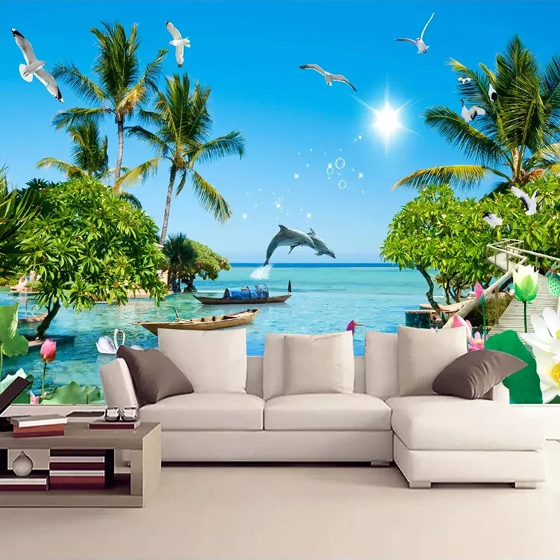 Custom 3D Photo Wallpaper Sea View Seagull Coconut Tree Wall Mural Living Room Sofa TV Background Wall Papers Home Decor Modern