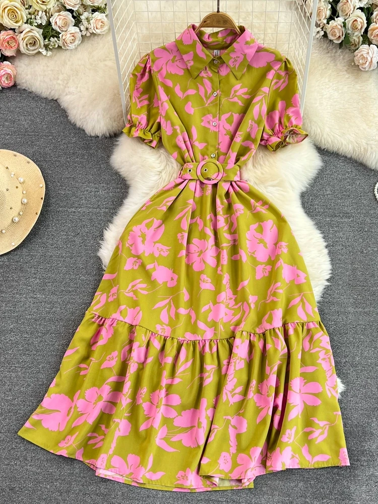 Vestido Midi F Estilo Coreano com Gola  e Manga Bufante Retrô, Estampa Floral, Manga Curta, Cintura Alta, para o V...
