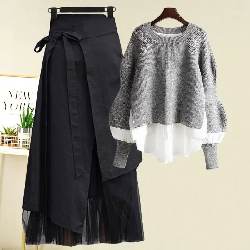 

Women's Spring Autumn New Fashion Fake Two Piece Knit Sweater+Strap A-line Skirt Suit Elegant Pullover Dress Matching Set ZL912