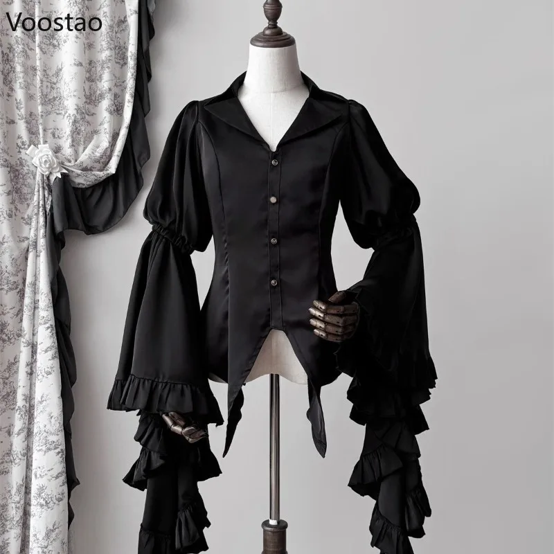 Japanese Vintage Elegant Lolita Shirt Women Victorian Gothic Flare Sleeve Blouses Female Y2k Aesthetic Casual Retro Tops Blusas