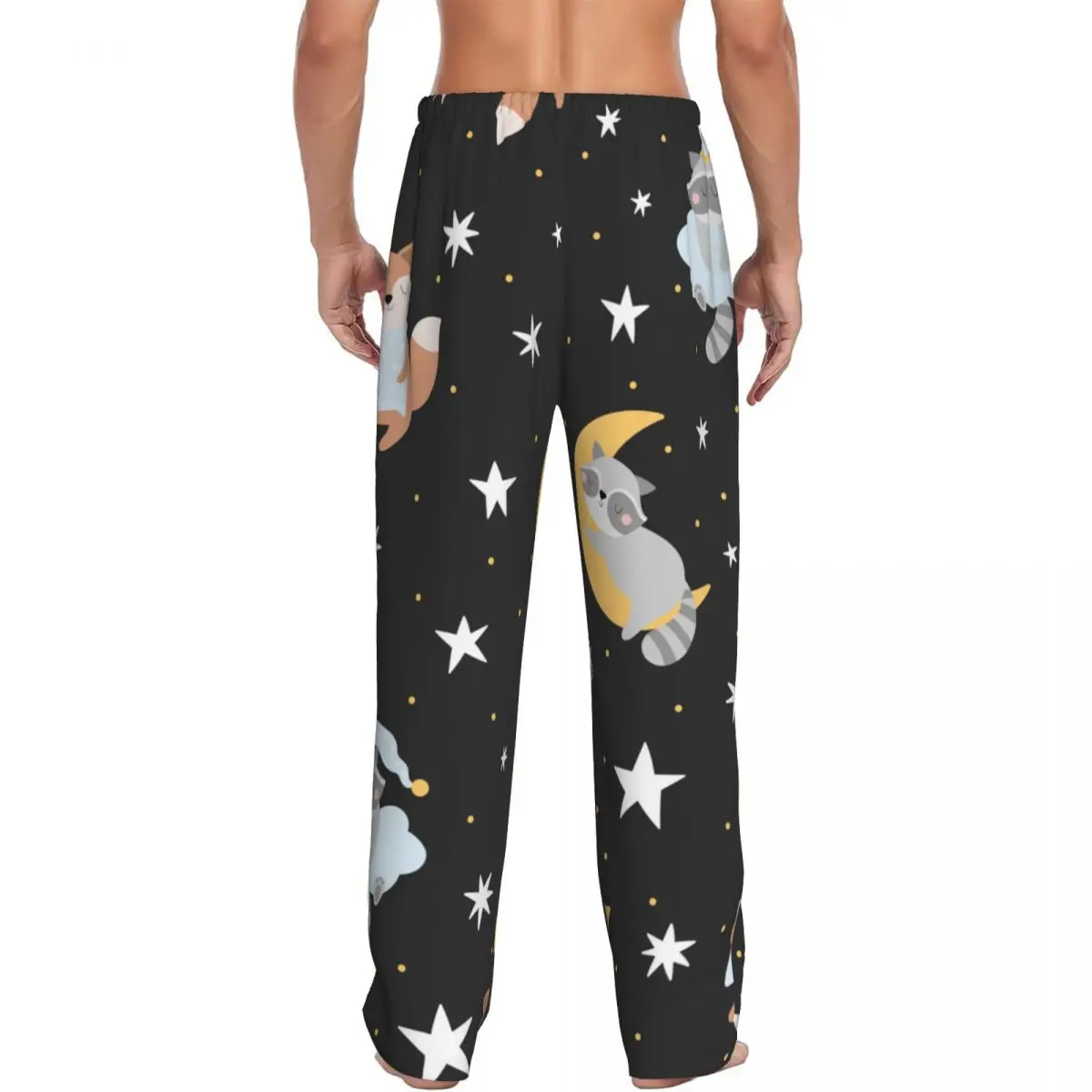 Calças de pijama fofas para animais adormecidos e estrelas para homens, cintura elástica, fundo de sleep lounge com bolsos