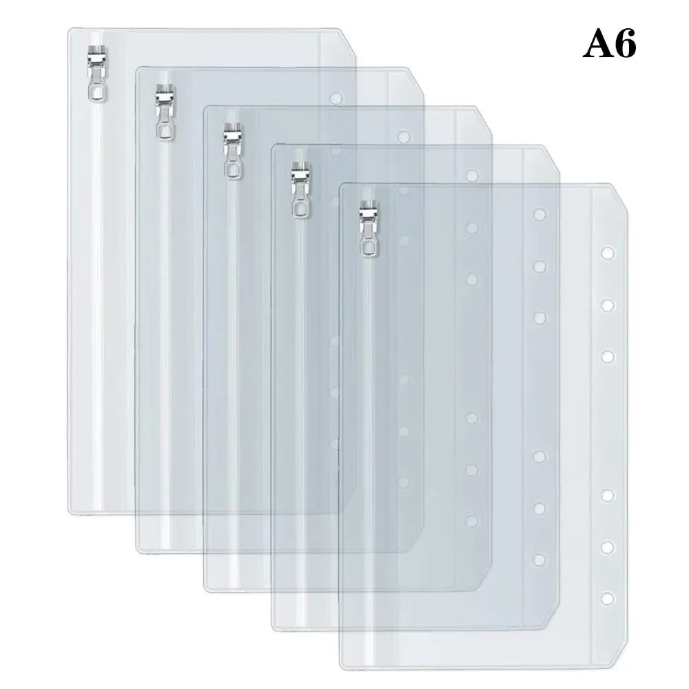 5Pcs A5 A6 Clear Binder Cash Envelopes with Metal Zipper 6-Hole Punched Binder Pocket for 6-Ring Notebook Binder Pouch Organizer