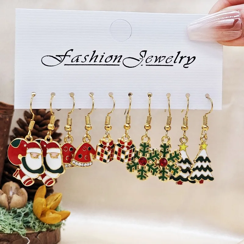 European and American Christmas Earrings Female Personalized Creative Alloy Snowman Santa Claus Gift Earrings Multi Piece Set