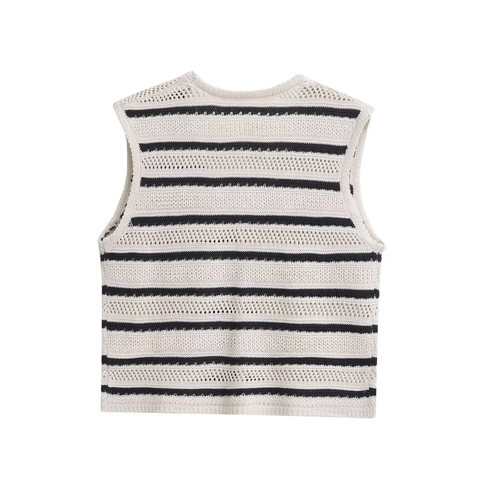 TRAF Striped Knit Short Tank Top Women Summer Sleeveless V Neck Button Pockets Decoration Sexy Highstreet Elastic Slim Top