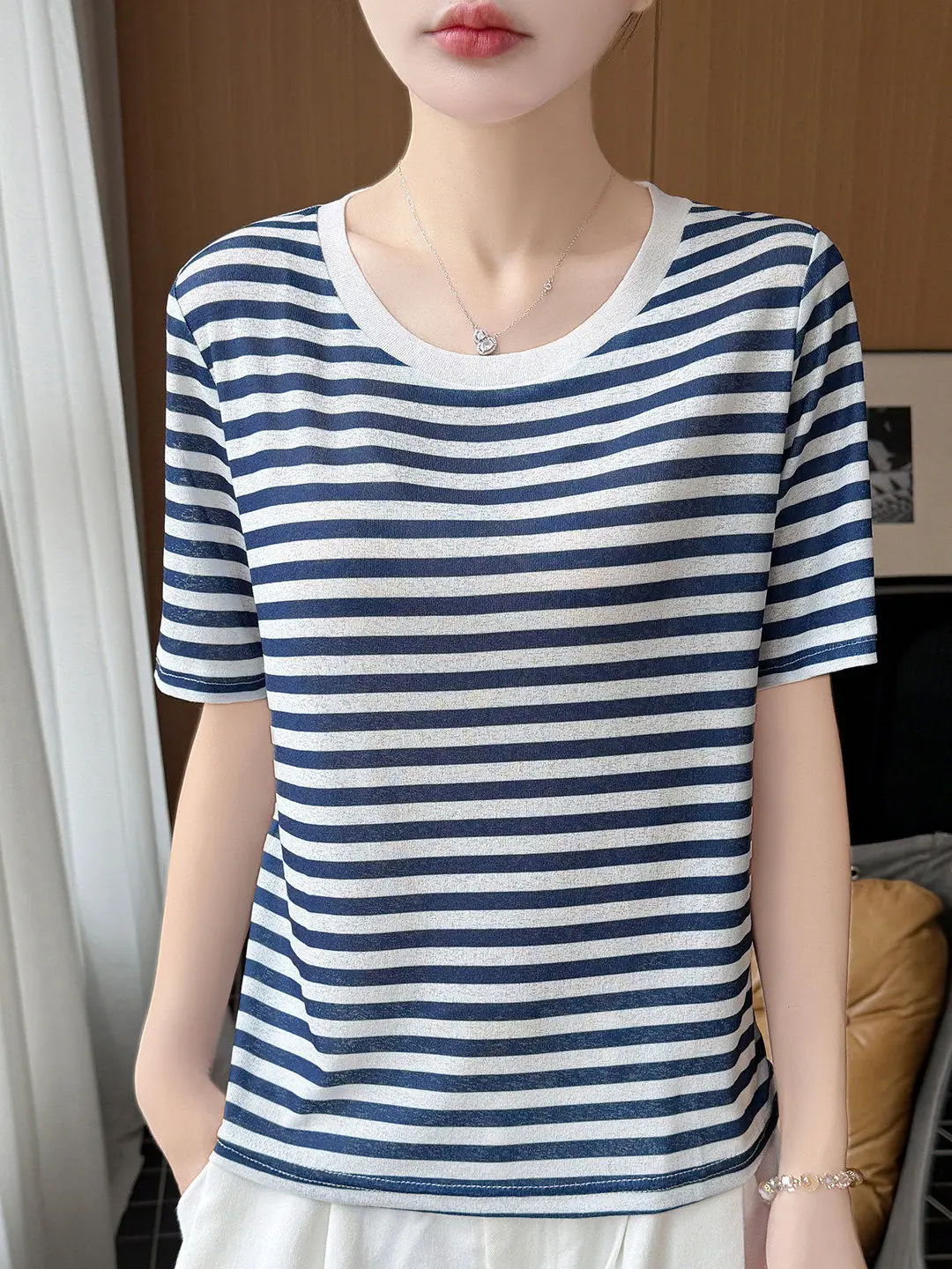 

Summer New Loose Knitted Short Sleeve T-Shirt Women's Soft Stripe round Neck Half Sleeve Thin Vest Casual Style Basic Top