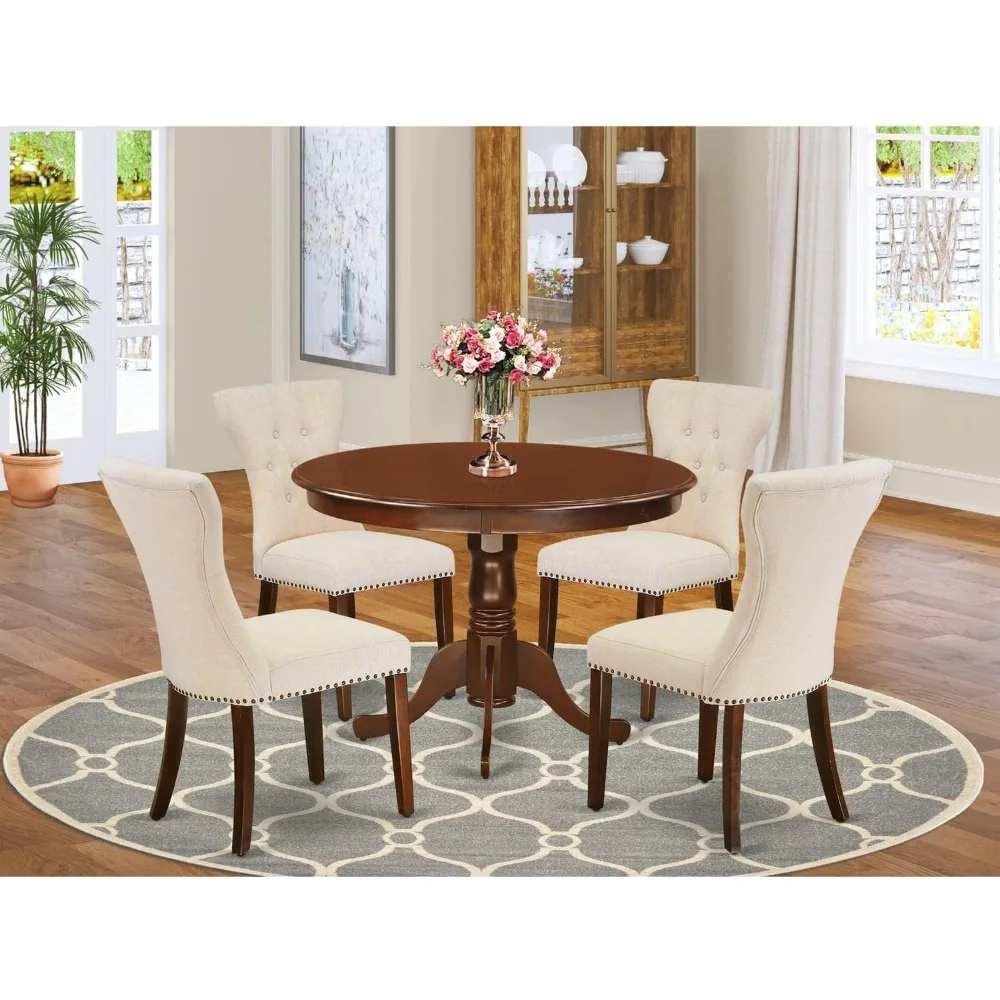 

HLGA5-MAH-32 5-Piece Dining Room Furniture Set, One Round Dining Table with Pedestal and 4 Light Beige Linen Parsons Chairs