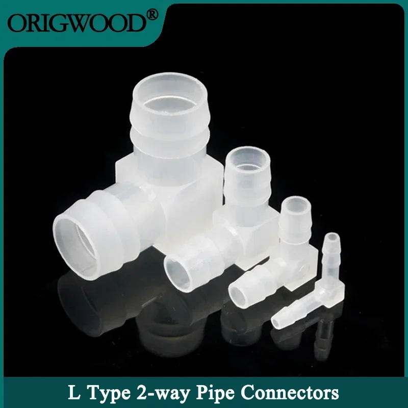 PP L Tipo Conector de Água, 90 Graus Cotovelo Bend, 2-Way Tubo Divisor, Mangueira Adaptador Comum, Food Grade, 4mm ~ 20mm, 10Pcs