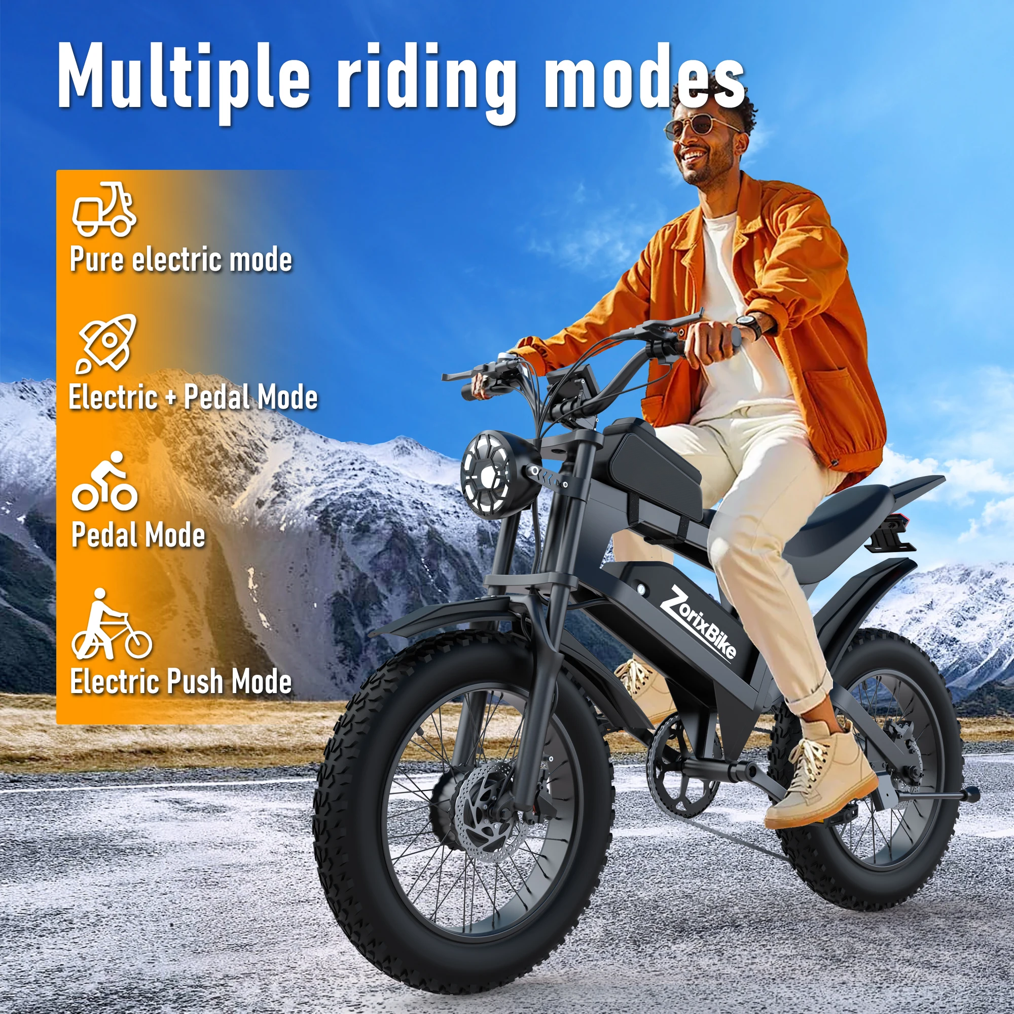 ZorixBike R8 Pro دراجة كهربائية للطرق الوعرة 20x4.0 3000 وات 35 ميجا في الساعة 80 ميل 48 فولت 23 أمبير، 7 سرعات إطارات واسعة لجميع التضاريس دراجة إلكترونية للبالغين #6