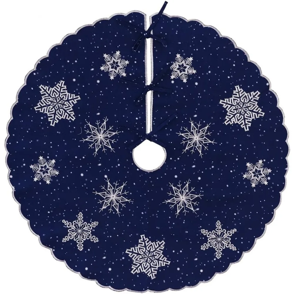 

Christmas Holiday Embroidered Snowflakes Tree Skirt, Used for 9 to 11 Feet Tree (Navy Blue, Round 52 Inches)