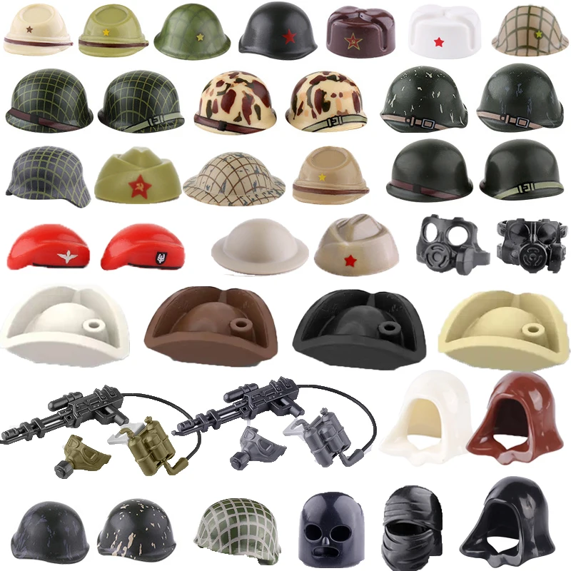 WWII aksesoris blok bangunan militer figur tentara helm mainan USSR UK topi Jepang Mini bata tudung masker penyembur api