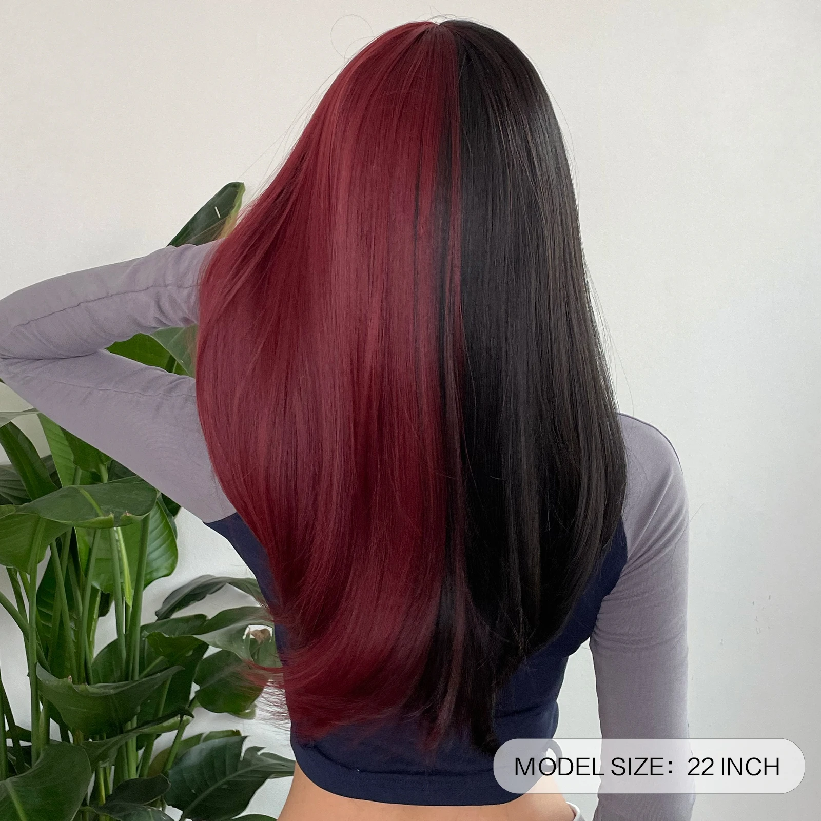Black and Dark Red Long Straight Synthetic Hair Wigs with Bangs Cosplay Party Halloween Two Tone Wig for Women Heat Resistant