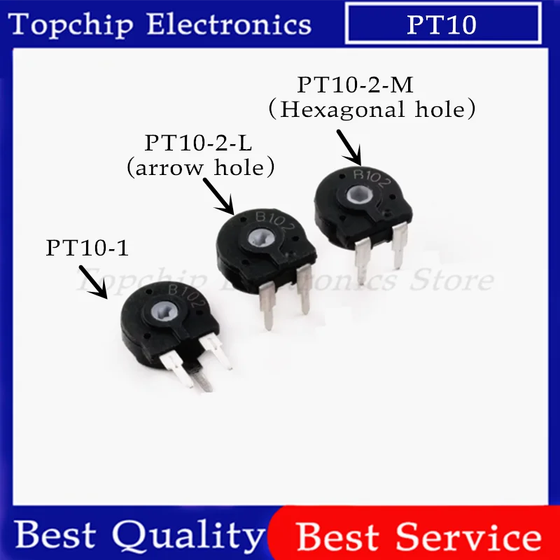5 piezas Potenciómetro PT10 500ohm 1k 2k 5k 10k 20k 50k 100k 200k 500k 1M con orificio de flecha horizontal, resistencia ajustable PT10-2-L