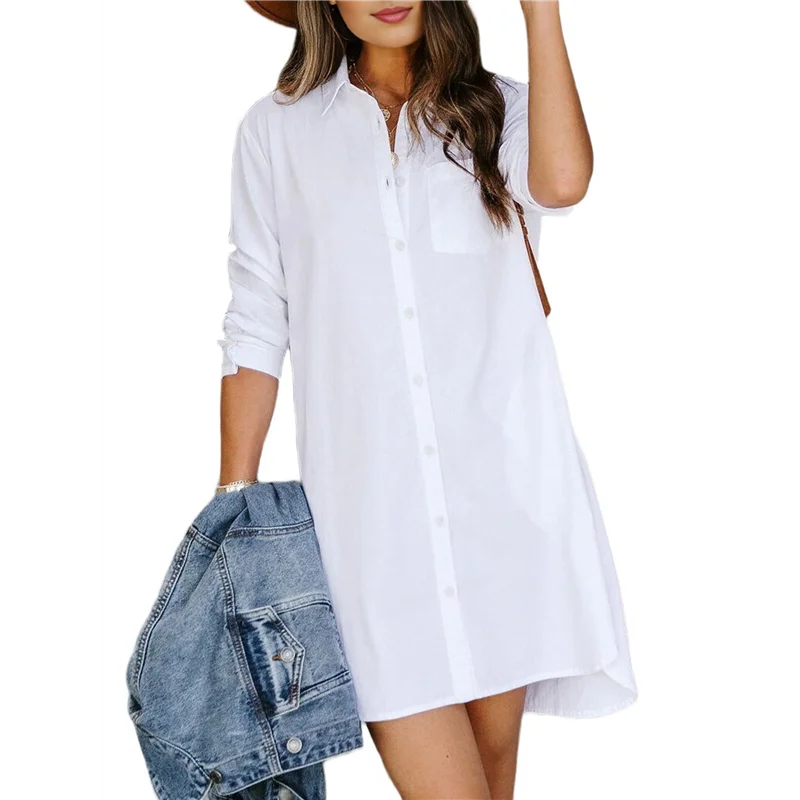 AOAO-Vestidos de camisas con botones y rayas lisas de manga larga y corte holgado informal para mujer