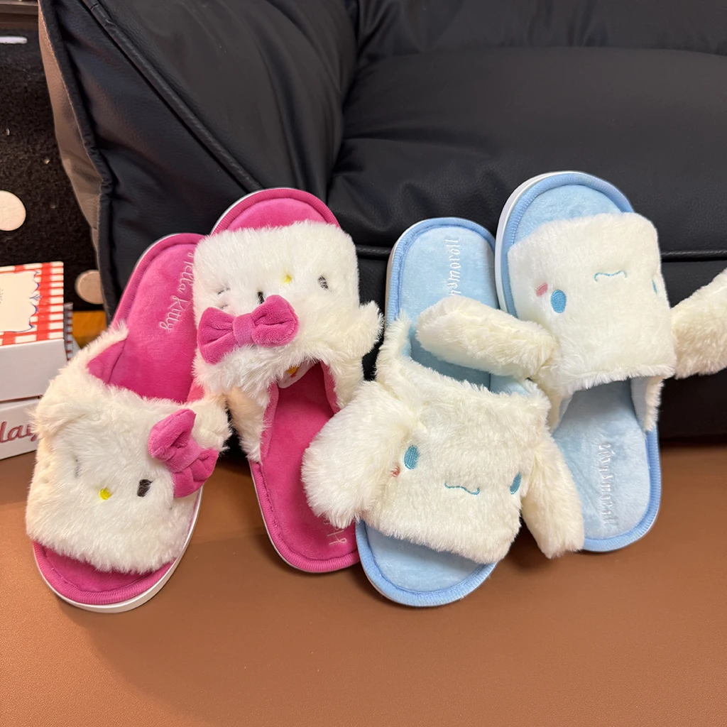 만화 헬로 키티 Cinnamoroll 플러시 오픈 토 슬리퍼 귀여운 애니메이션 부드러운 실내 홈 슬리퍼 여성 소녀 플랫 미끄럼 방지 컴포트