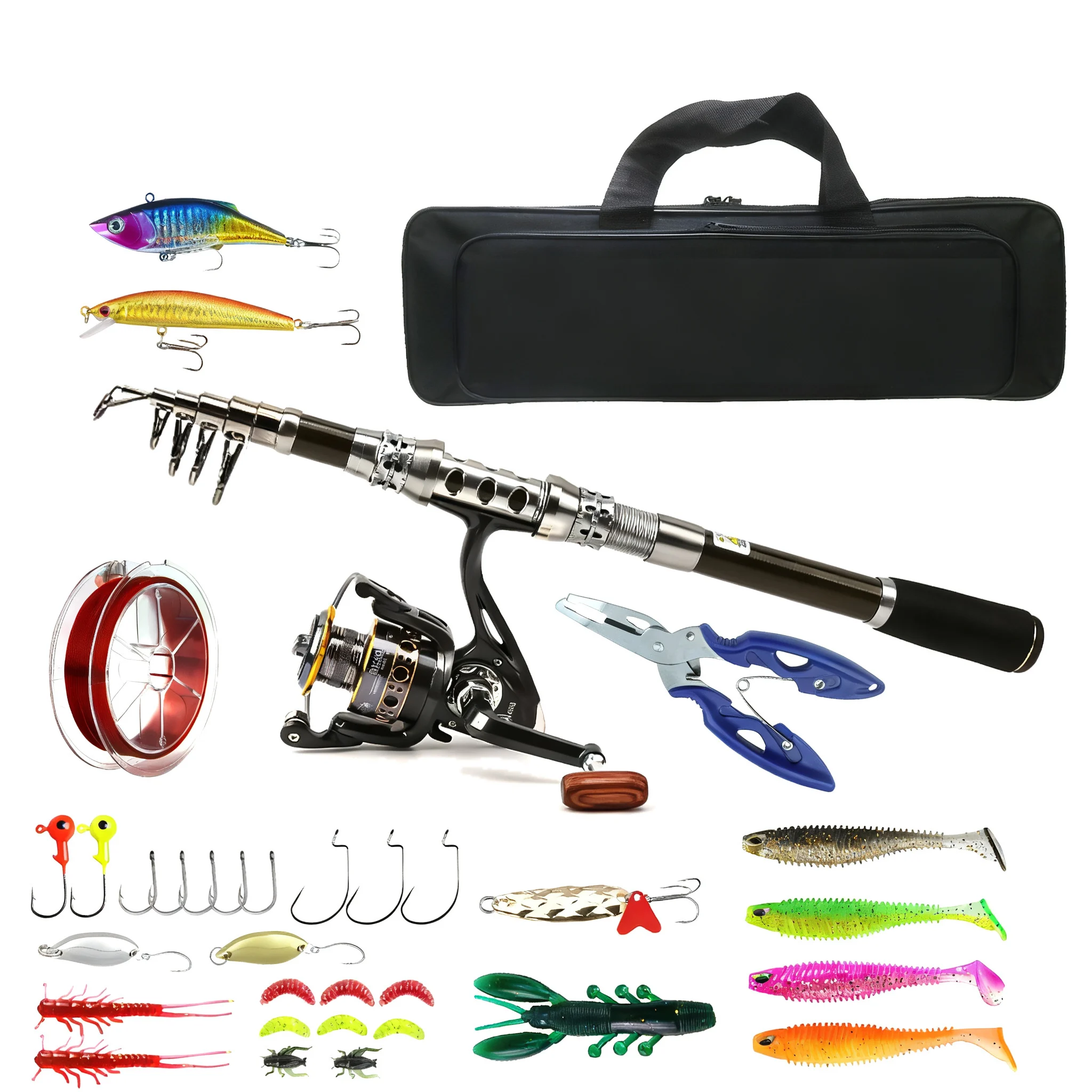 Carbon Fiber Fishing Rod Reel Telescopic Saltwater Freshwater Kit Travel Lure Set