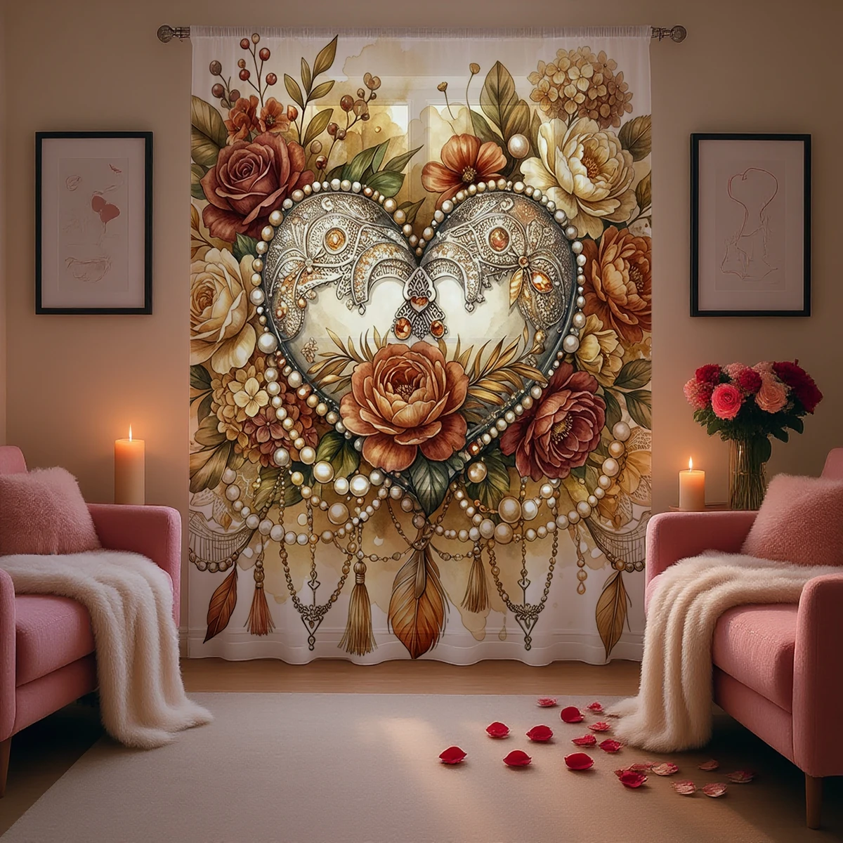 

1pc Vintage Floral Heart Sheer Curtain - Watercolor Pearl & Rose Pattern Pole Window Curtain for Romantic Home Decor