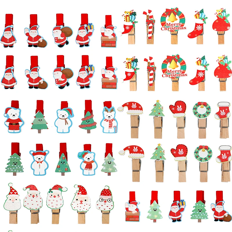 10pcs Christmas Wood Clips Christmas Tree Photo Clips Elk Snowman Clothespins DIY Photo Pegs For Christmas Decoration New Year