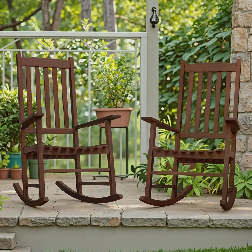 Set of 2 High-Back Wooden Patio Rocking Chairs with Wide Armrests for Adults, Suitable for Garden and Backyard in Brown