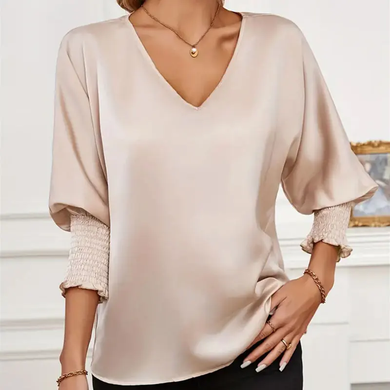 Elegant Satin Shirts Blouses Women Tank Top Solid Puff Short Sleeve V-neck Loose Female Tshirt 2024 Spring Summer Lady Like Silk