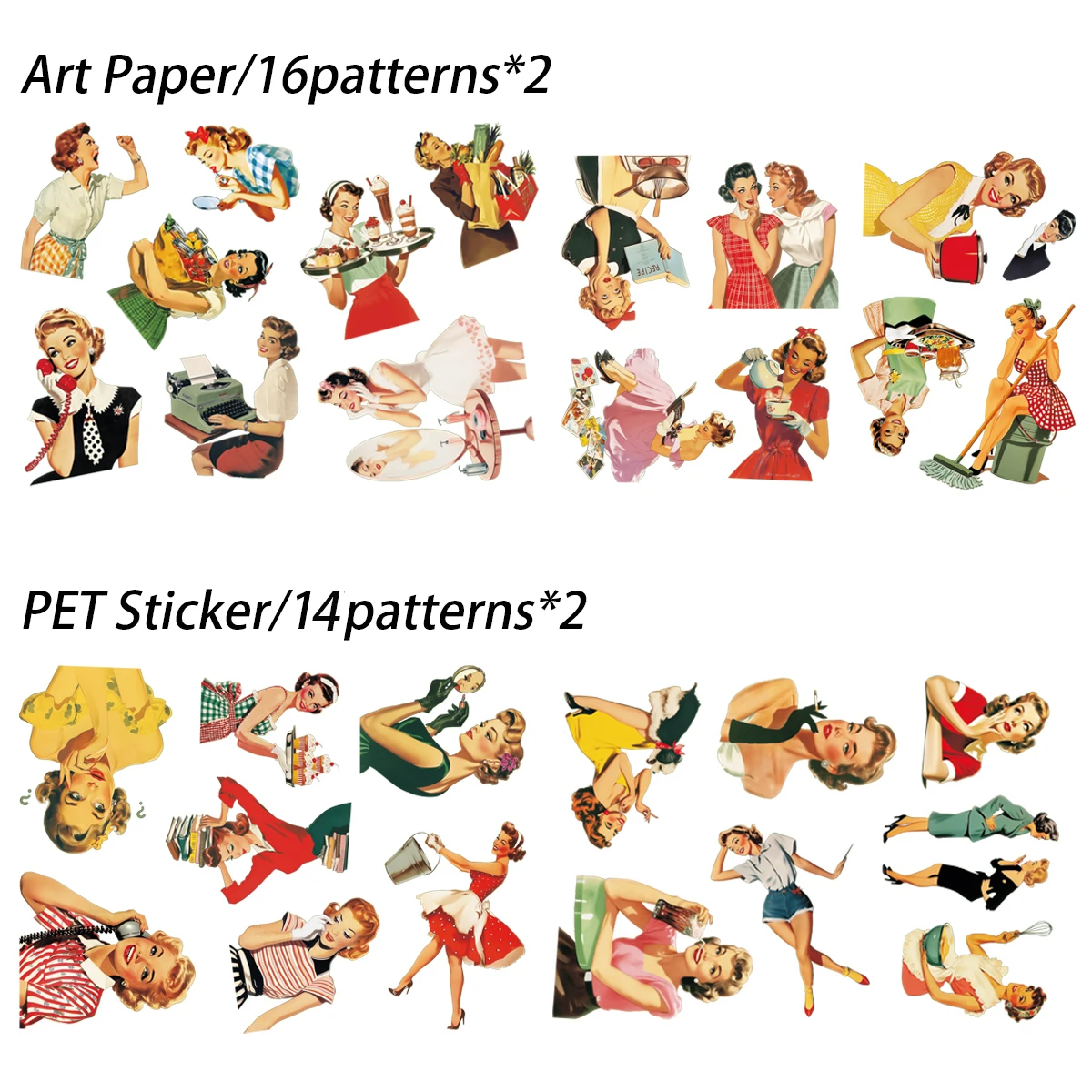 56 Stück-64 Stück PET- und Kunstdruckpapier, selbstklebend, Vintage-Stil, 1950er-Jahre-Frauen-Themen-Aufkleber-Set, für Heimwerker, Bastelbedarf, Scrapbooking-Zubehör – Detail 2