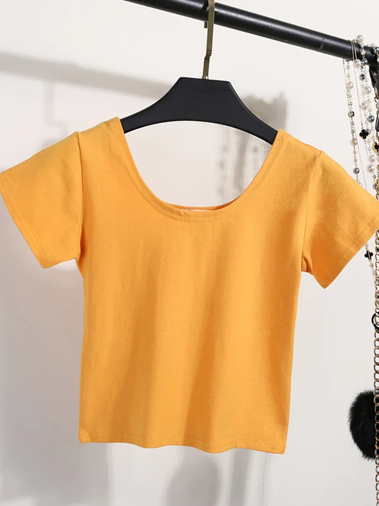 Solid Crop Top Women T-shirt Cropped Slim High Waist Short Sleeve Basic Summer Clothes Tops Woman Tee