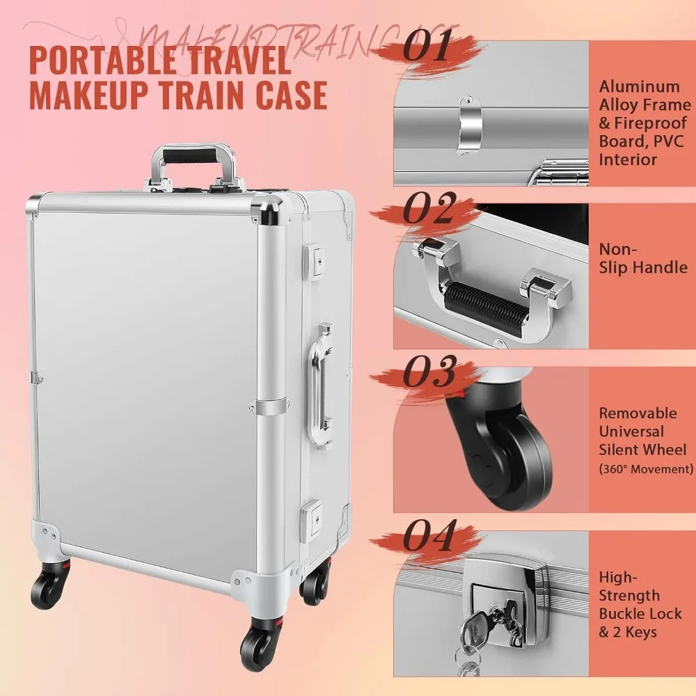 Aluminum Trolley Makeup Case with 8 LED Lights, Rolling Makeup Studio Speaker Makeup Artist Standing Case with Standing Mirror