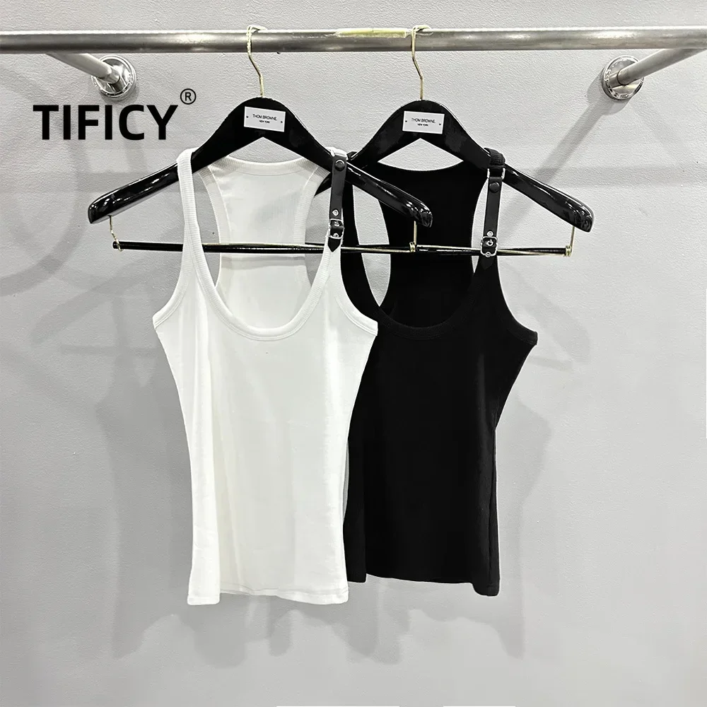 TIFICY High Street Cotton Women's Spring/Summer Design Belt Single Shoulder Ribbed Micro Elastic Temperament I-shaped Tank Top