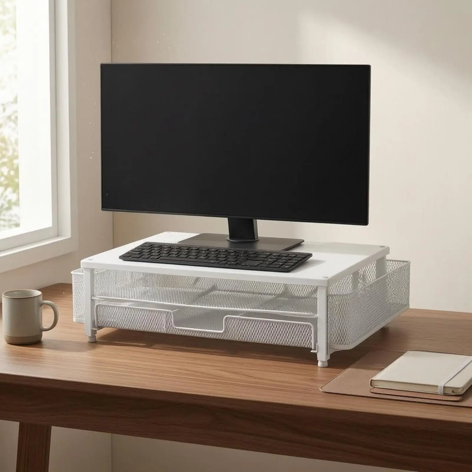Monitors Stand Riser Organizer Mesh Display Riser with Drawer Metal Desktop Organizer