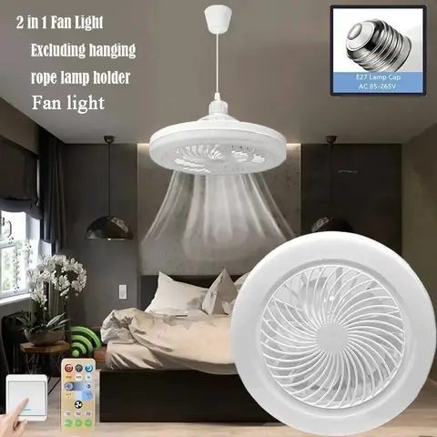 LED 무음 2 in1 천장 팬(원격 제어 포함) LED 조명 E27 변환 조명 베이스 침실 및 거실에 적합