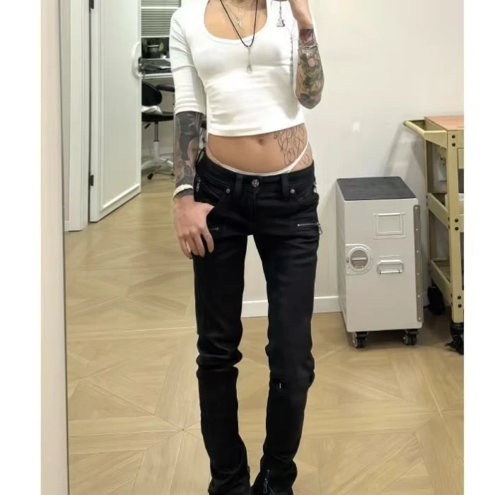 

American Black Gothic Zipper Jeans Women's Harajuku Punk Straight Seam Low Rise Stretch Denim Trousers Hip Hop Retro Bottoms