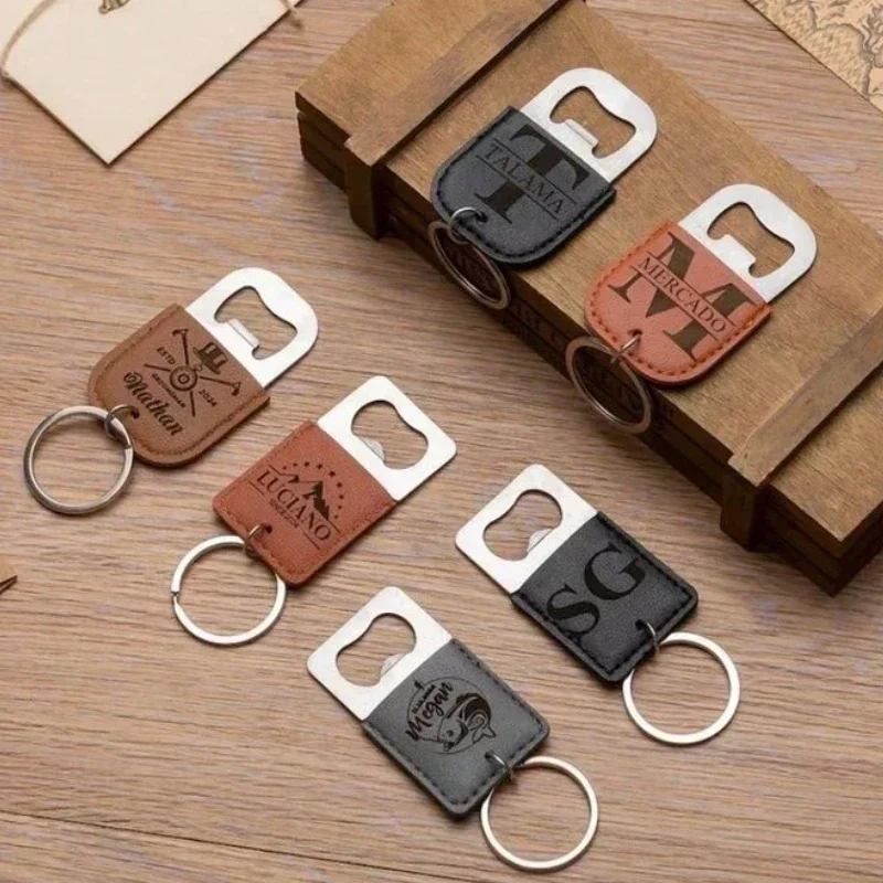 Laser Engrave Stainless Steel opener Leather Keychain Custom Logo Beers Bottle tools Car Key Chain Personalize Company Keyring