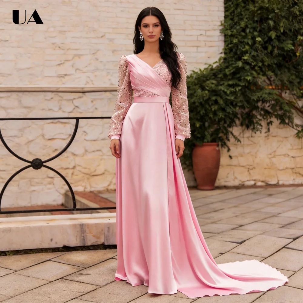 

ULBYANRY Customized Satin Mermaid V-neck Ruched Prom Dress, Sparkly Sequined Evening Dress, Fashionable Long Sleeve Party Dress