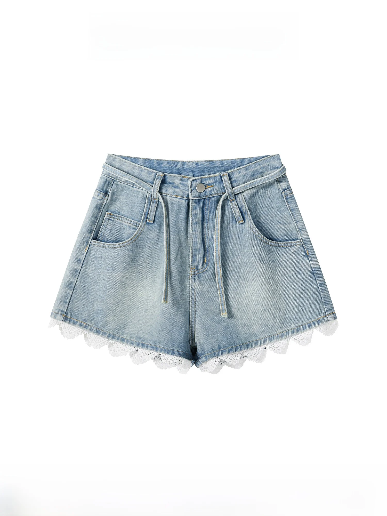 

Ретро джинсовые шорты светло-голубого цвета с кружевной отделкой, женские широкие брюки в стиле Spicy Girl, повседневные джинсы с высокой талией на молнии, свободного кроя