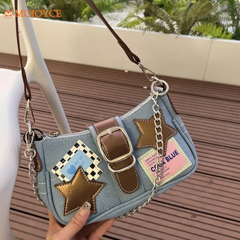 Harajuku Women Cowboy Shoulder Bags Denim Star Patch Fashion Handbag Y2K Chain Retro Armpit Purses Designer Vintage Underarm Bag