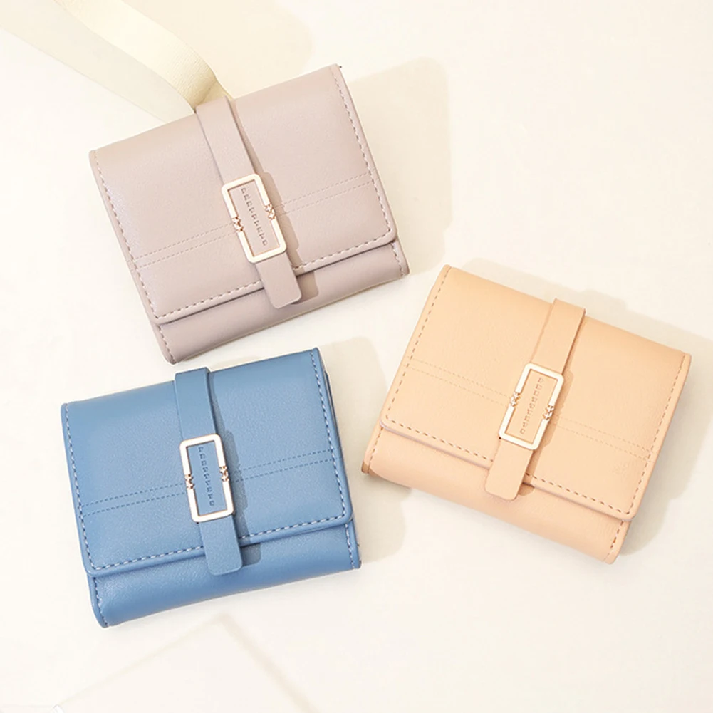 Three Folding Solid-Color Buckle Wallet Portable Wear-Resistant Coin Purse For Women Girls Female