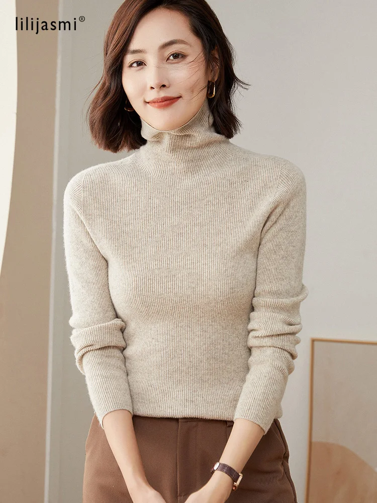 Women Turtleneck 100% Wool Pullover No-Seam Unibody Basic Solid Style Thin Sweater Pure Elastic Slim Fit Jumpers 2022 New Colors