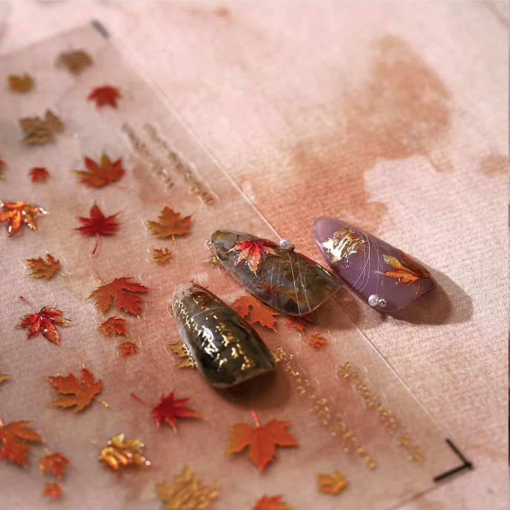 1PC 5D Relief Shiny Golden Jelly Autumn Maple Leaf Story Adhesive Nail Art Stickers Decals Manicure Gorgeous Ornaments Supplier