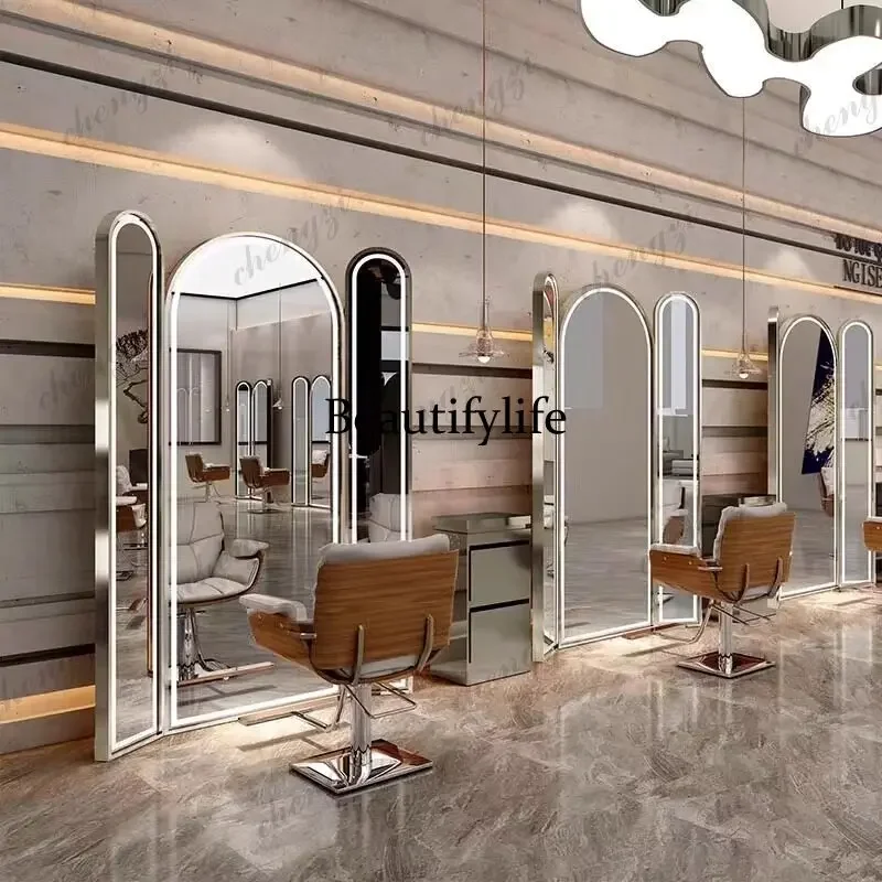Z138 Hair salon dedicated minimalist barbershop floor-standing three-sided folding perm, dye, and haircut mirror