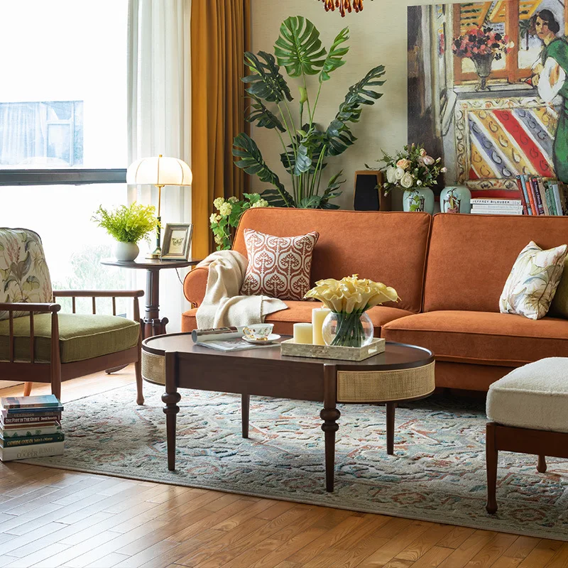 American retro oval solid wood rattan coffee table, drawer storage, small apartment, quiet living room, low table