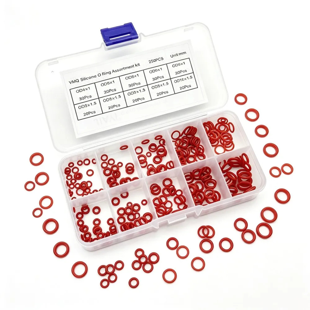 Food Grade Red VMQ Silicone O Ring Assortment 250Pcs CS1/1.5mm OD4-10mm, Heat Resistant Non-Toxic Waterproof Sealing Washers