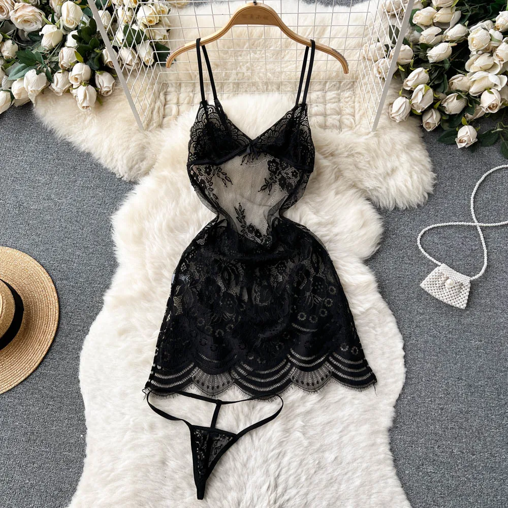 

Erotic Sheer Camis Nightwear Ladies Transparent Slim Club Lingerie Night Dress Lace Backless Underwear Sexy Pajamas women set