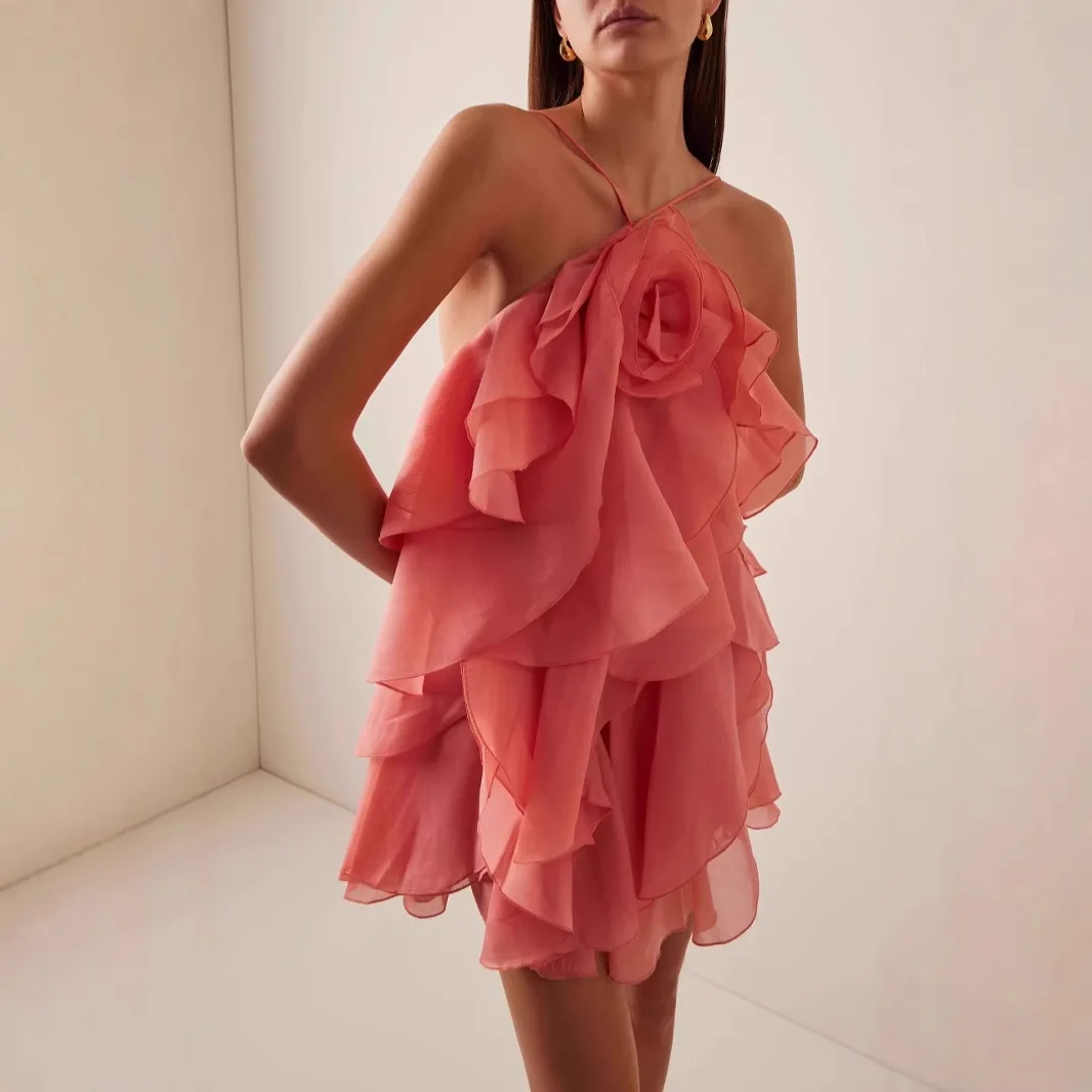 

Women's Dress Sexy Short Skirt Hanging Neck Three-dimensional Flower Strap Sleeveless Ruffle Edge Dress